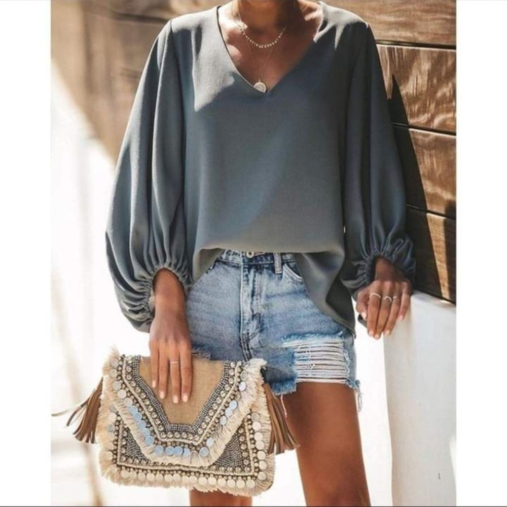 Lantern Sleeve V Neck Top